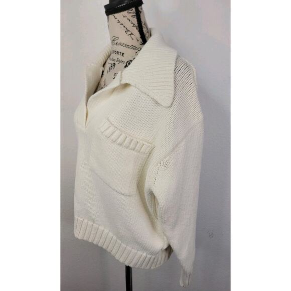 ZARA Thick Knit Polo Sweater Womens Large Semi Crop Pocket Cream Cottagecore - Picture 5 of 10